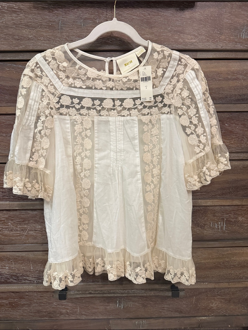 Anthropologie lisabetta size 4 Cream Lace-Embroidered Sheer Yoke Blouse